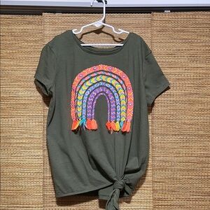 Olive Green Rainbow Embroidered Women's Top